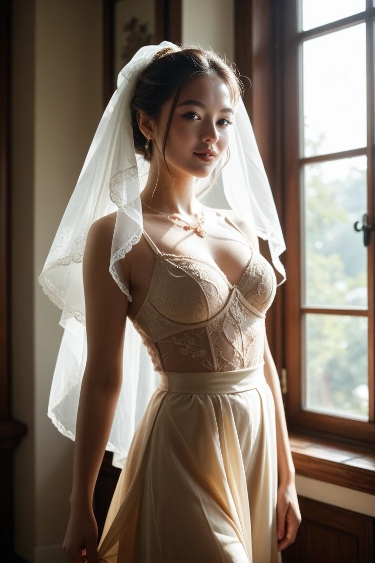 a beautiful bride in a stunning deep v wedding dress, detailed lace details, flowing veil, elegant room, small body, small breast, delicate satin fabric, intricate embroidery, sparkling beadwork, long flowing sleeves, sweetheart neckline, fitted bodice, graceful silhouette, soft pastel color palette, ethereal lighting, romantic atmosphere, fine art photography style, high-resolution image, vibrant colors, dreamy and magical. in bed room