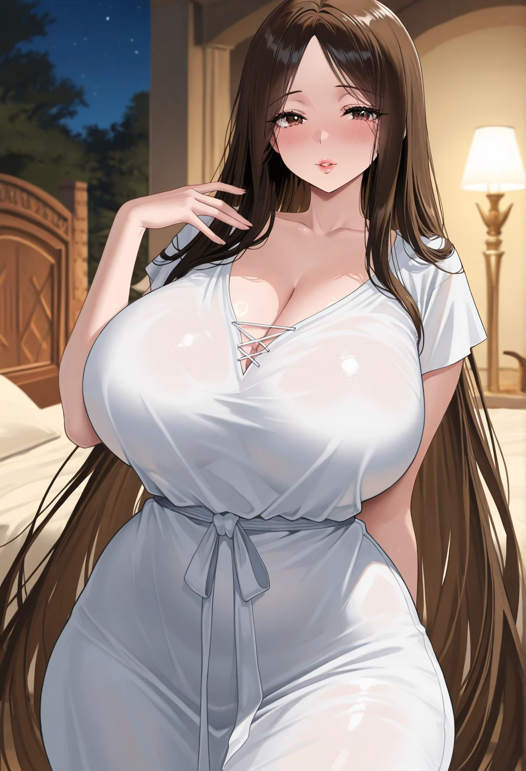 NTR Man, masterpiece, best quality, ((1 girl)), mature woman, (heavy body), looking here、 (Obscene transparent dress made of lace material), brown hair, long hair, black eye , Angry, ((close,)) ,, angry look, ((flushed)),embarrassing、Sweat、vapor、