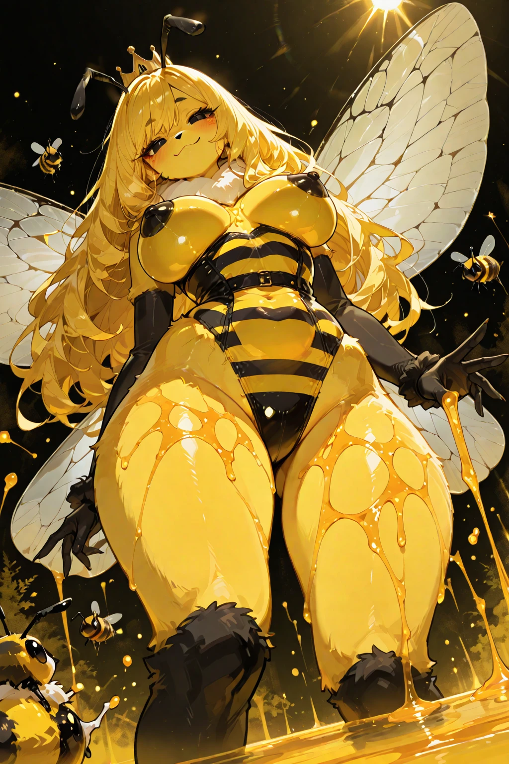 Highest quality, Highest quality, High quality illustrations, masterpiece, Ultra-high resolution, Detailed Background, honeycomb, in the forest, Absurd, Perfect Anatomy, performance, Good lighting, Shadows in the movies(kemono, Furry Personifi猫ion), fox, bee, Honey Skin, Honey Latex, Honey Rubber Suit, Honey Latexスーツ, Honey Lotion, beeスーツ, beeのコスチューム, beeのコスプレ, ゴム製のbeeのしっぽ, beeの羽, Bee wings, Honey Pool, Honey Lotionを浴びている, Covered entirely in honey slime, Lying down, Tattoo, cyber punk, High heels, cyber punk, Rubber Mask, Dynamic Angle