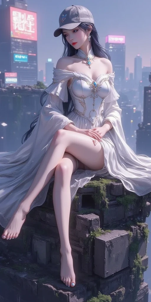 A 12 years old elegant dragon girl gracefully posed on top of a castle, draping in transparent fabric and delicately opening her legs, exposed feet, realistic feet anatomy, realistic legs, beautiful girl,