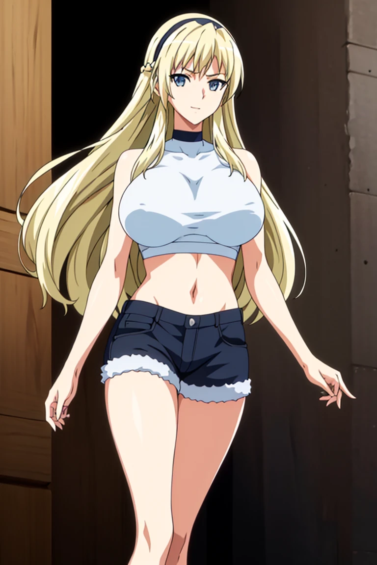 Simple White Background,Standing,
navel,halterneck,crop top,bare shoulders,
bangs,blonde hair,hair between eyes, hairband, long hair,Blue_Eyes,
1 girl, 20yo,Young female,Beautiful Finger,Beautiful long legs,Beautiful body,Beautiful Nose,Beautiful character design, perfect eyes, perfect face,expressive eyes,
looking at viewer,(Focus on her face),closed mouth, (innocent_big_eyes:1.0),Light_Smile,
official art,extremely detailed CG unity 8k wallpaper, perfect lighting,Colorful, Bright_Front_face_Lighting,shiny skin,
(masterpiece:1.0),(best_quality:1.0), ultra high res,4K,ultra-detailed,
photography, 8K, HDR, highres, absurdres:1.2, Kodak portra 400, film grain, blurry background, bokeh:1.2, lens flare, (vibrant_color:1.2),professional photograph,
(Beautiful,large_Breasts:1.4), (beautiful_face:1.5),(narrow_waist), shorts, crossed arms