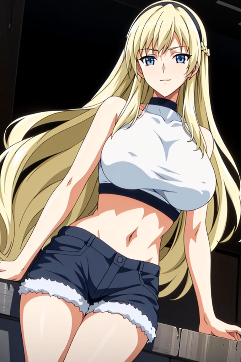 Simple White Background, at attention,
navel,halterneck,crop top,bare shoulders,
bangs,blonde hair,hair between eyes, hairband, long hair,Blue_Eyes,
1 girl, 20yo,Young female,Beautiful Finger,Beautiful long legs,Beautiful body,Beautiful Nose,Beautiful character design, perfect eyes, perfect face,expressive eyes,perfect balance,
looking at viewer,(Focus on her face),closed mouth, (innocent_big_eyes:1.0),Light_Smile,
official art,extremely detailed CG unity 8k wallpaper, perfect lighting,Colorful, Bright_Front_face_Lighting,shiny skin,
(masterpiece:1.0),(best_quality:1.0), ultra high res,4K,ultra-detailed,
photography, 8K, HDR, highres, absurdres:1.2, Kodak portra 400, film grain, blurry background, bokeh:1.2, lens flare, (vibrant_color:1.2),professional photograph,
(Beautiful,large_Breasts:1.4), (beautiful_face:1.5),(narrow_waist), shorts, horny