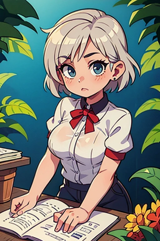 Garota com cabelos pretos, dentro de uma escola, standing, one hand on each breast lifting them up, looking at the camera, usando uma camisa que cobre seus peitos, segurando na parte debaixo dos peitos