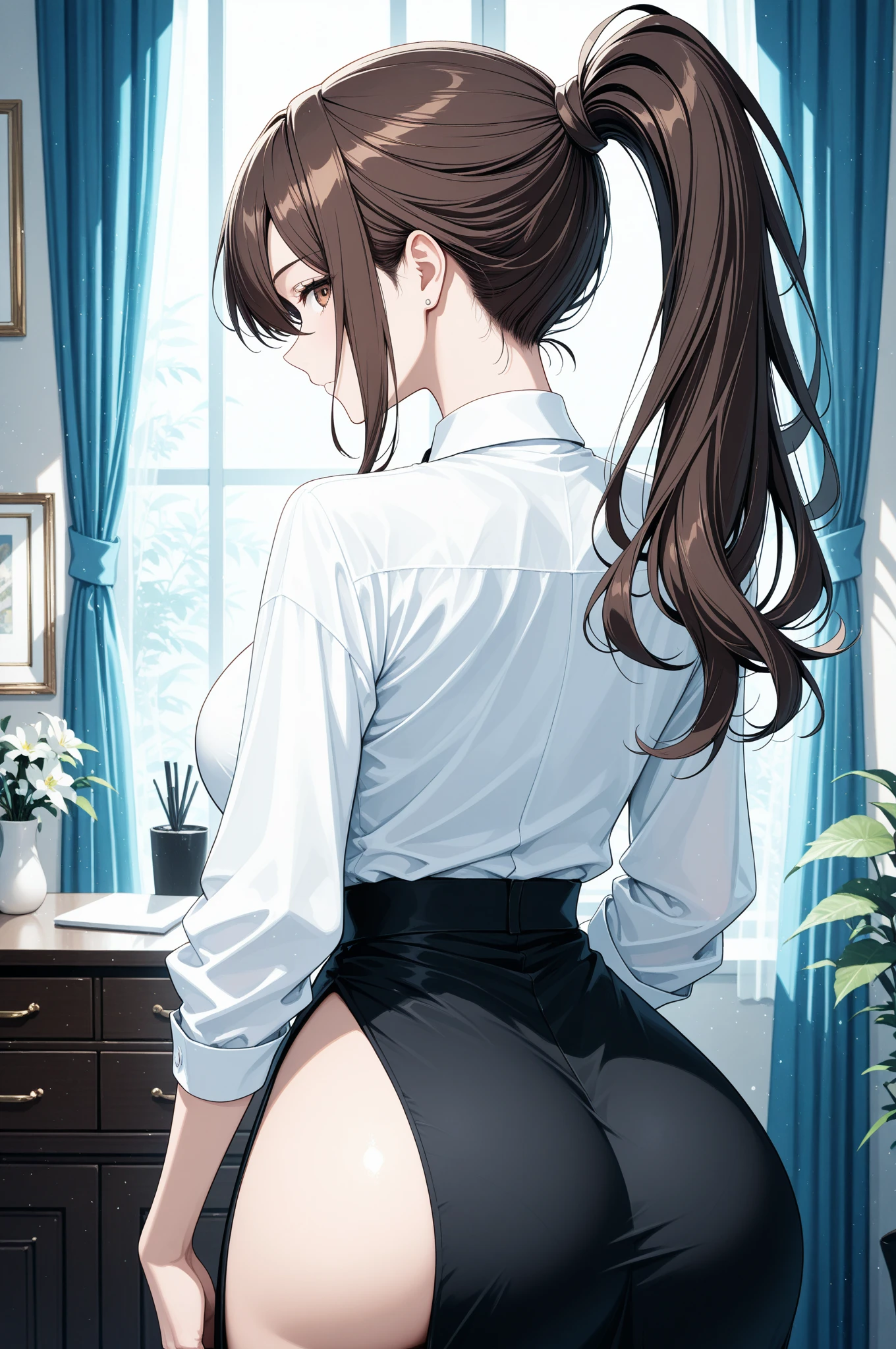 Girl, fair skin, medium sized curly hair and dark brown color, wearing glasses, short stature, big ass, big breasts, ecchi