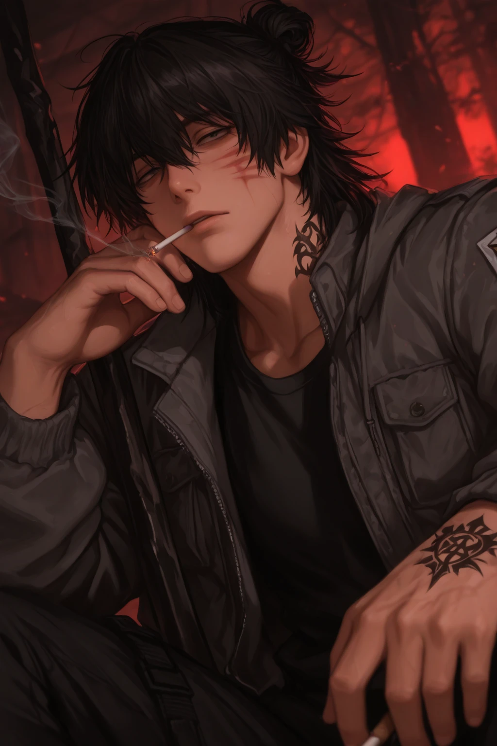 (((red hair))) anime, a man with a cigarette in his hand and a chain around his neck, badass anime 8 k, anime style 4 k, detailed digital anime art, stunning anime face portrait, 4k anime wallpaper, anime art wallpaper 4 k, anime art wallpaper 4k, anime wallpaper 4 k, anime wallpaper 4k, detailed anime character art, anime boy