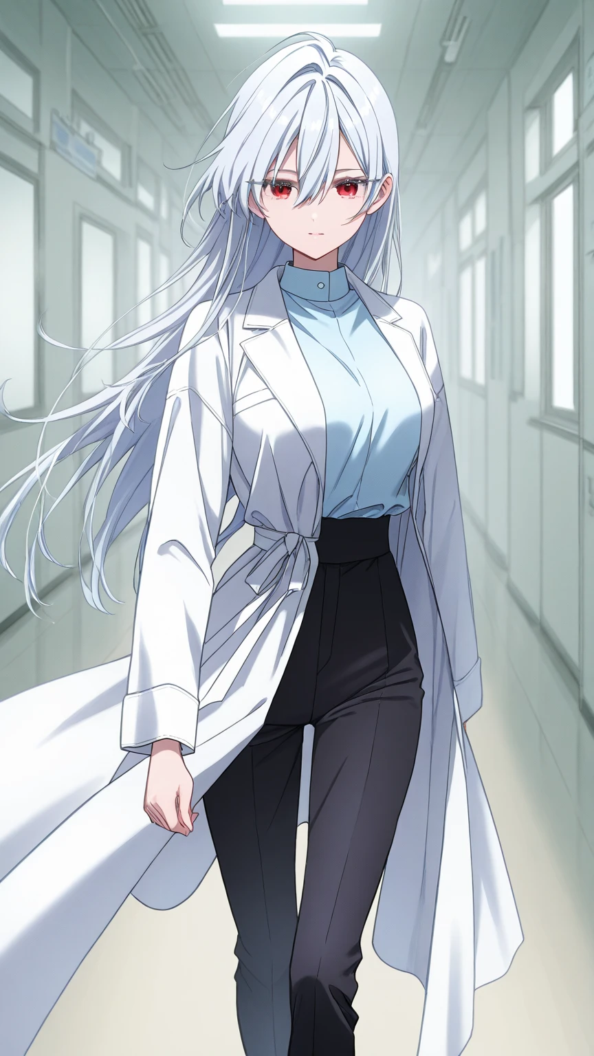 Sora is a tall woman, De pele clara, red eyes and long white hair that reaches mid-thigh. She wears a white blouse, White coat, white pants and white boots. She smiles kindly in a hospital, Well, she's a nurse
