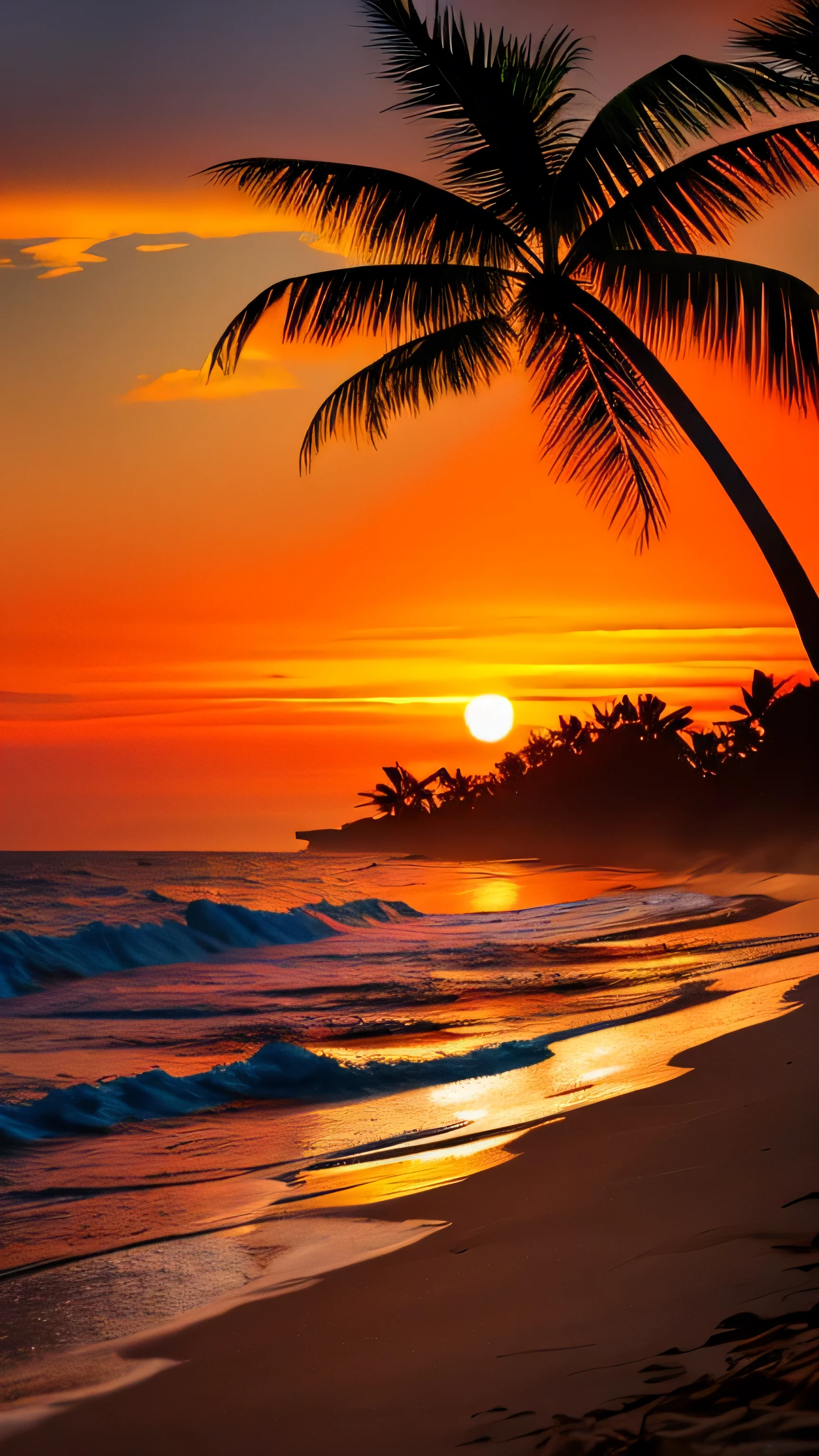 Lush tropical island landscape, Gentle waves on the beach, palm tree,. dramatic red and orange sunsets.
high contrast and high saturation, very detailed, High Definition, A strange masterpiece, particle effects, (Dust, Gust of wind:1.07), Volume light, light, Goldsmith, vivid color, Bokeh, Deeply Carved Borders .