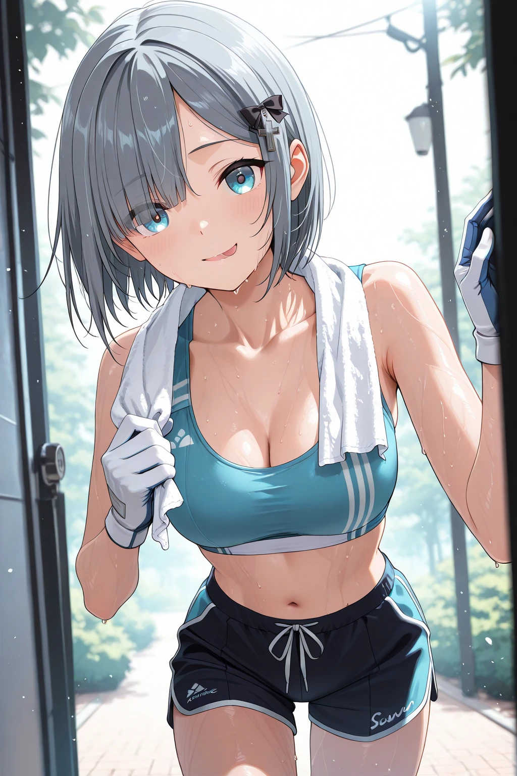 (masterpiece), ((highest quality)), (Super detailed), (perfect body), (((1 girl)), dark blue hair, short hair,ponytail, dark blue eyes, (((Elegant b hroom)), Naked bでh towel, Medium chest, W de er drople, bare shoulders, clavicle, thighs, blush, Wet: 1.1, perfect hands,Rich details, perfect image quality,toned body,sports bra,shorts,,hunter,Leather Vest,forest,Wet with sweat