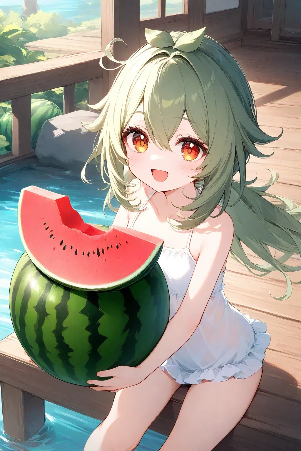 masutepiece、kawaii、high-level image quality、hiquality、realisticlying、女の子 1 人、stright long hair、Green hair、Watermelon print bikini、red eyes、radiant eyes、watermelons、夏天、a river、M-shaped legs、Beautiful soles、Gesture of pinching a stick with a foot、