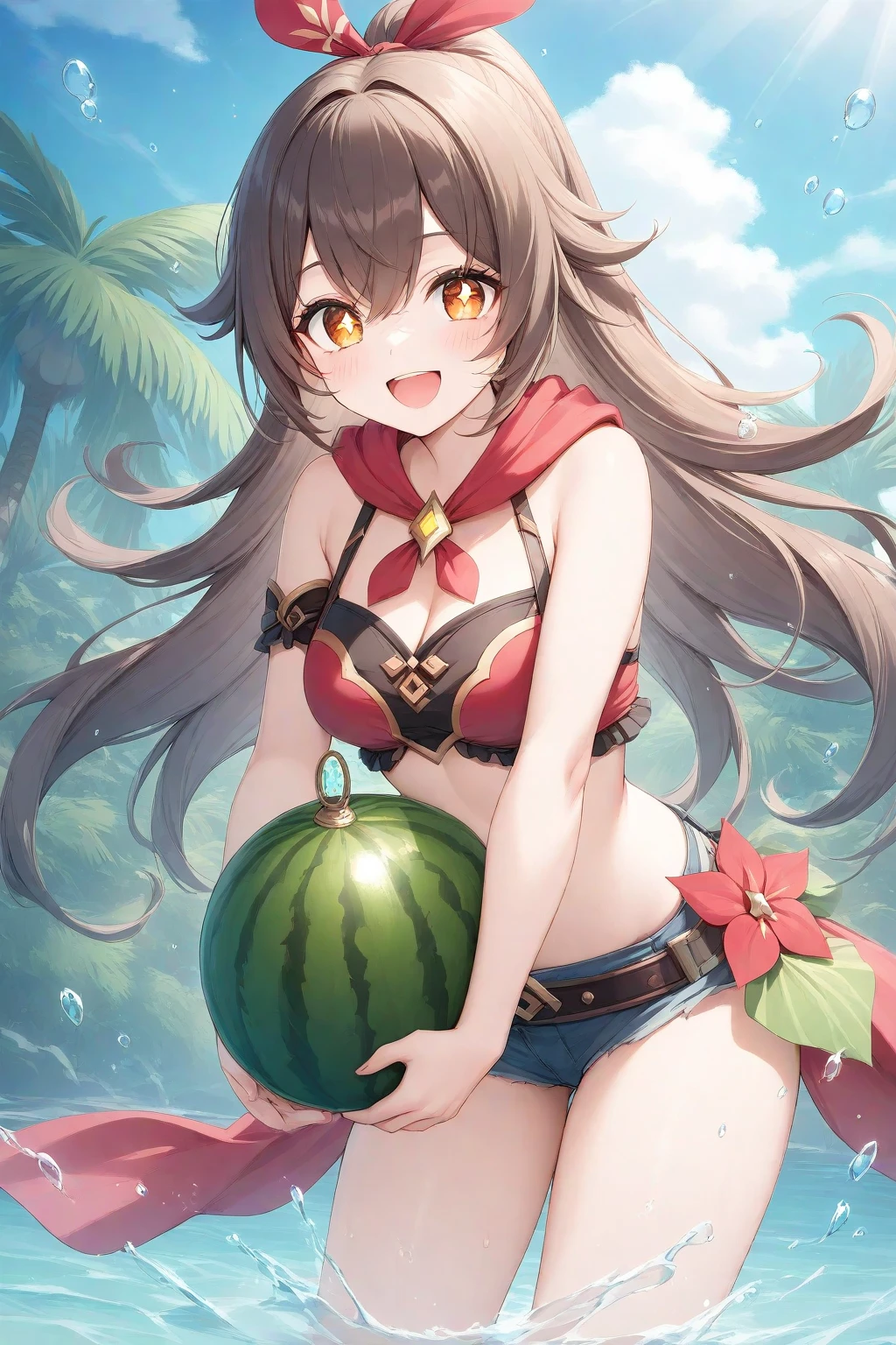 anime artwork, score_9, score_8_up, score_7_up, score_6_up, score_5_up, score_4_up, hu tao, she is 24 years old, style_3, gray background, , , , , _, smile, sit, watermelon_between_thighs, solo, bikini, fruits