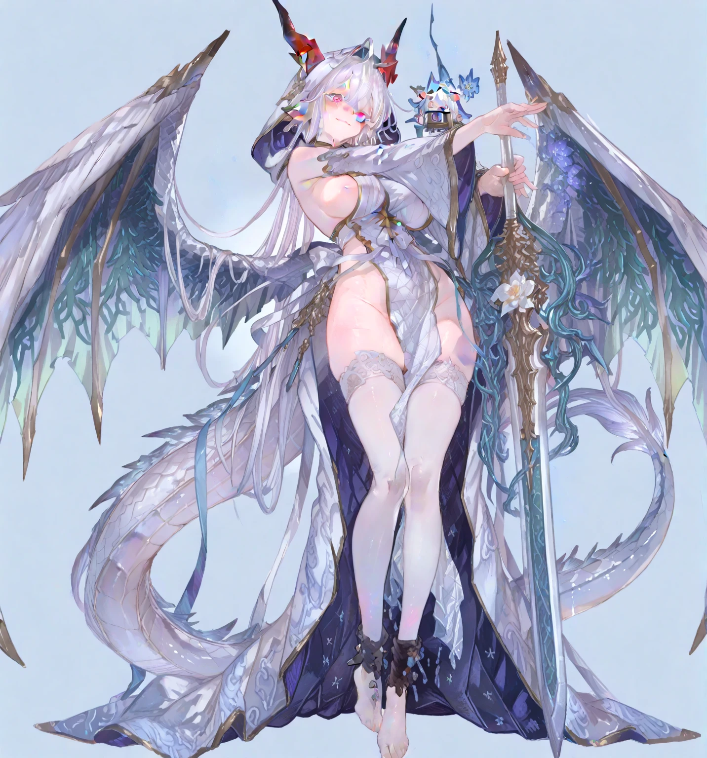 Solo front full body portrait Three-headed character kawaii girl a smile silber hair silver dragon wings silver dragon horn silver dragon tail Silver Bikini