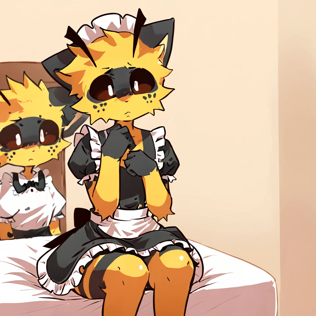 A male tall teenager Wolf hybrid cat with Orange fur with blue colour eyes, wear maid clothes with the skirt lift up showing underwear and he begging to stop with tail being hold tight and pull by hand, body trembling and Satisfied with small cock are have fuck threesome in public
