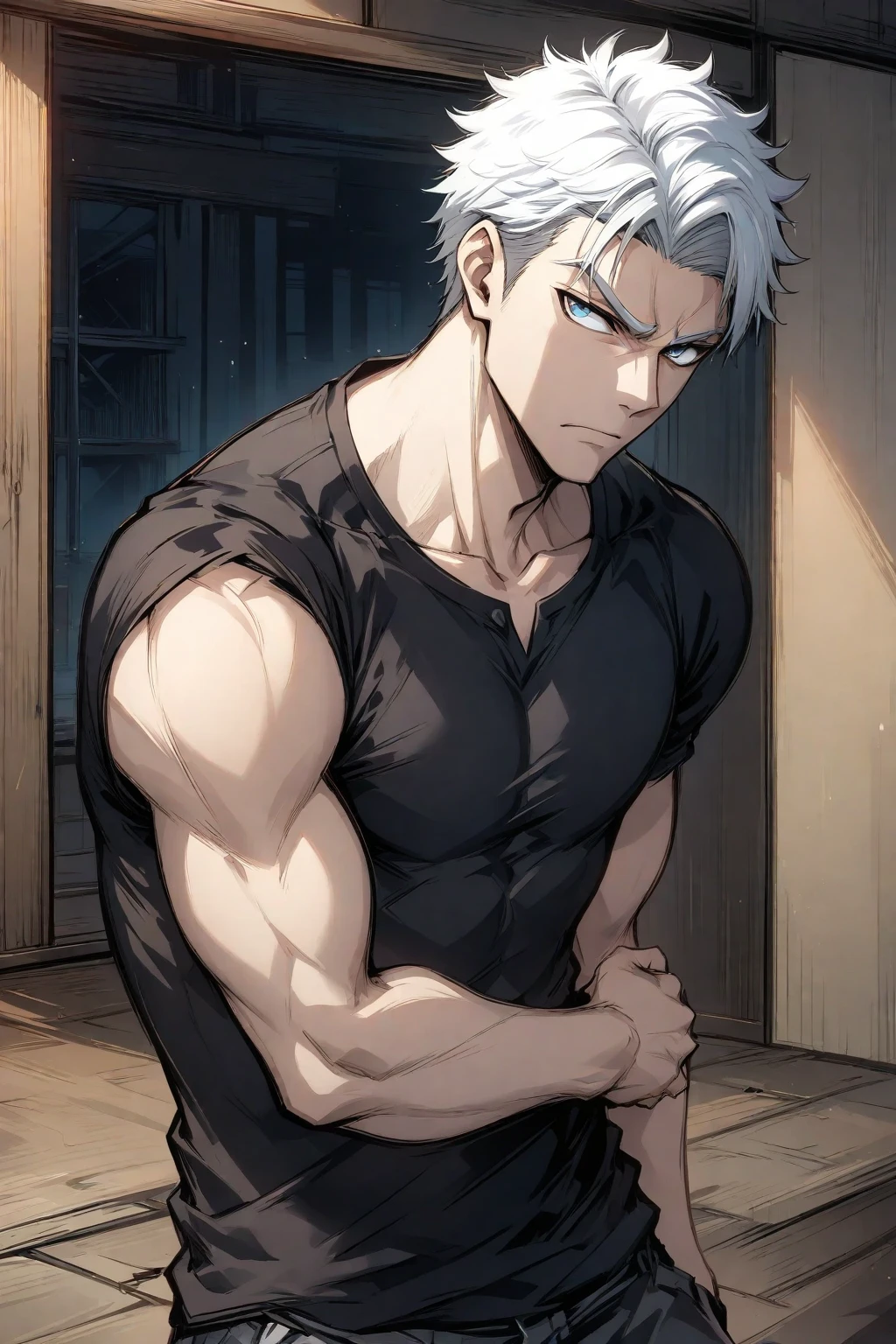 White-haired, dark-skinned macho man、Very Short Hair、Muscular、30 years old、Body hair、chest hair、prison、Highest quality、Heavy sweating、Your body is wet、Embarrassed face