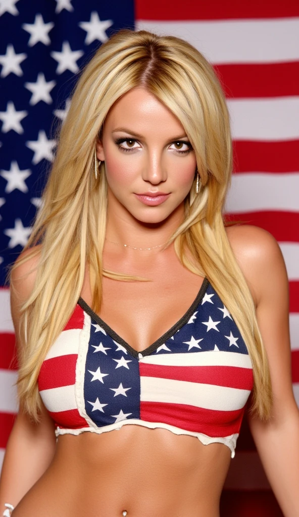 Marilyn Monroe with braided hair covered with the flag of Great Britain all over her naked body
