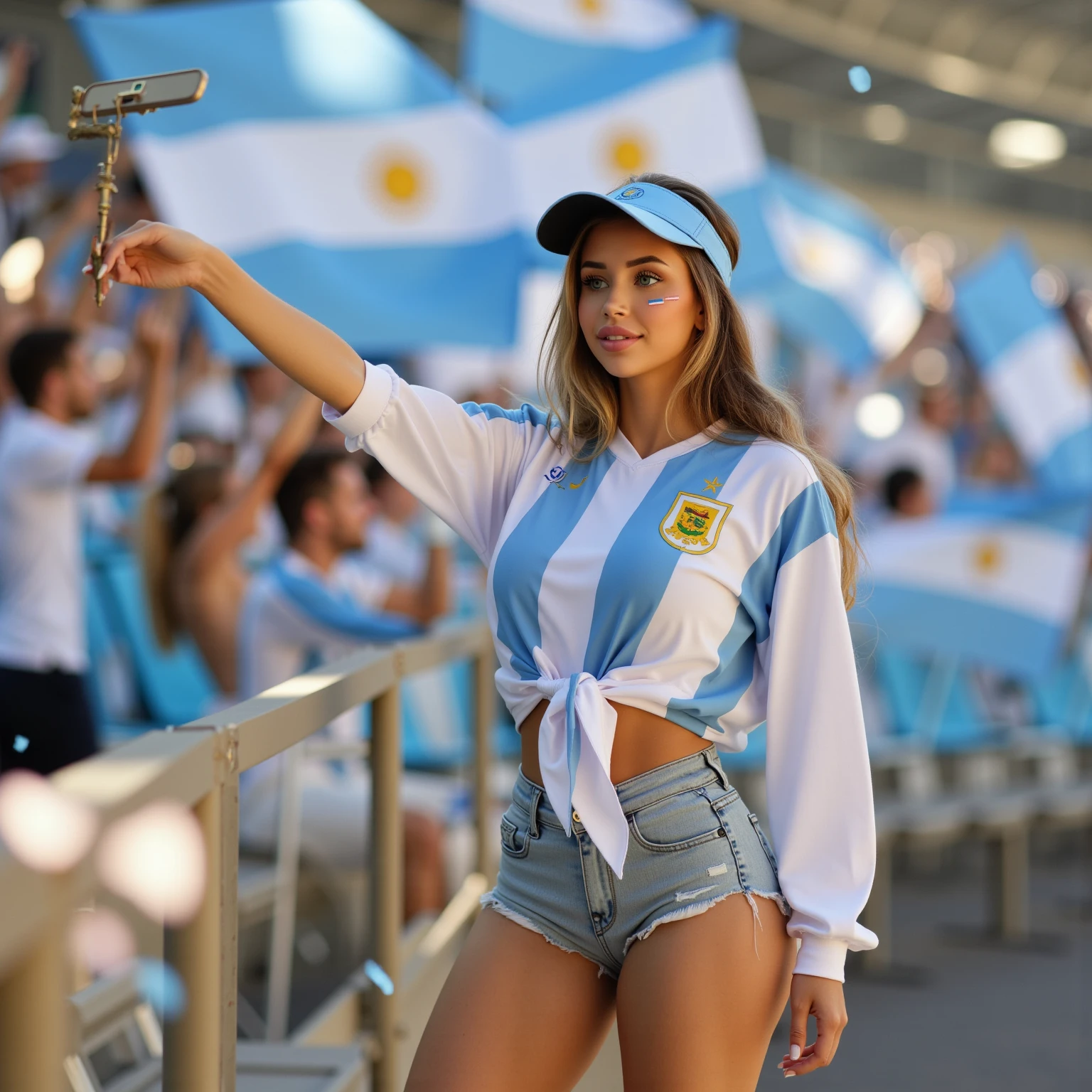 A beautiful young woman wearing a crop top and denim shorts, her entire body painted in the colors of the French flag, with a gold medal painted on her stomach, sitting in the stands of an Olympic stadium