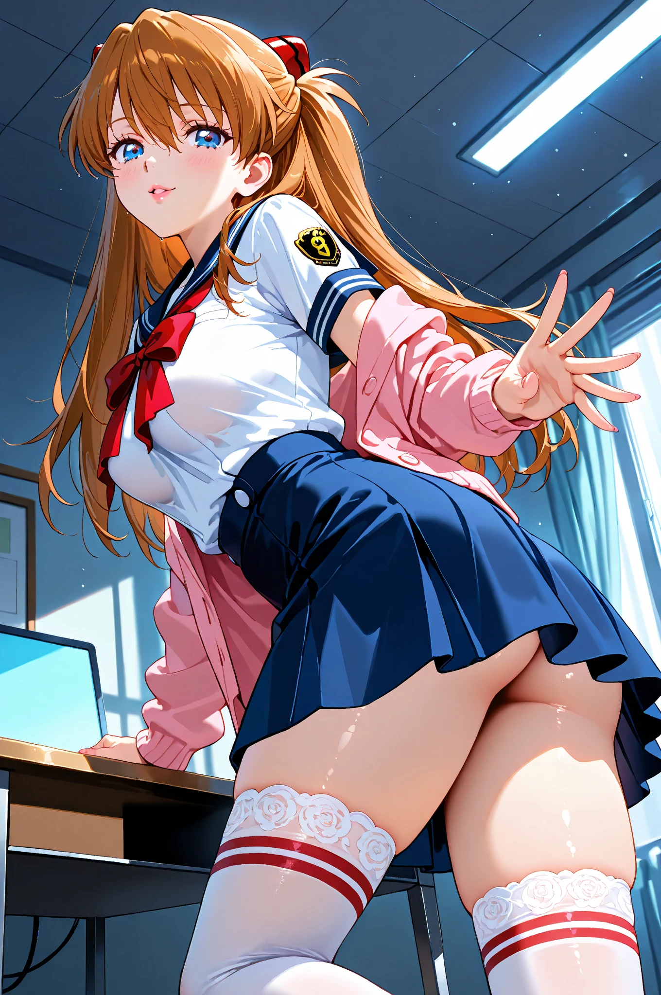 Golden Hair、(Degree of brown eyes:1.5)、One side up、ヘアribbon、ribbon、length、Rip off your blazer、Blue Skirt、Jacket、Pleated skirt、、Summer clothes、break (masterpiece:1.2)、Highest quality、High resolution、unity 8k wallpaper、(Awareness-raising:0.8)、(Beautiful and fine details:1.6)、Highly detailed face、Perfect lighting、Extremely detailed CG、 (Perfect hands、Perfect Anatomy)、Look at the viewers、blush、Laughter、take a selfie in front of the mirror、Stand in front of a mirror、Lift up your skirt with your hands、 (Mr.々Patterned panties:1.3)、(Roll-up skirt:1.3)、(Full-fledged panties:1.5),(Show me your ass:1.3)