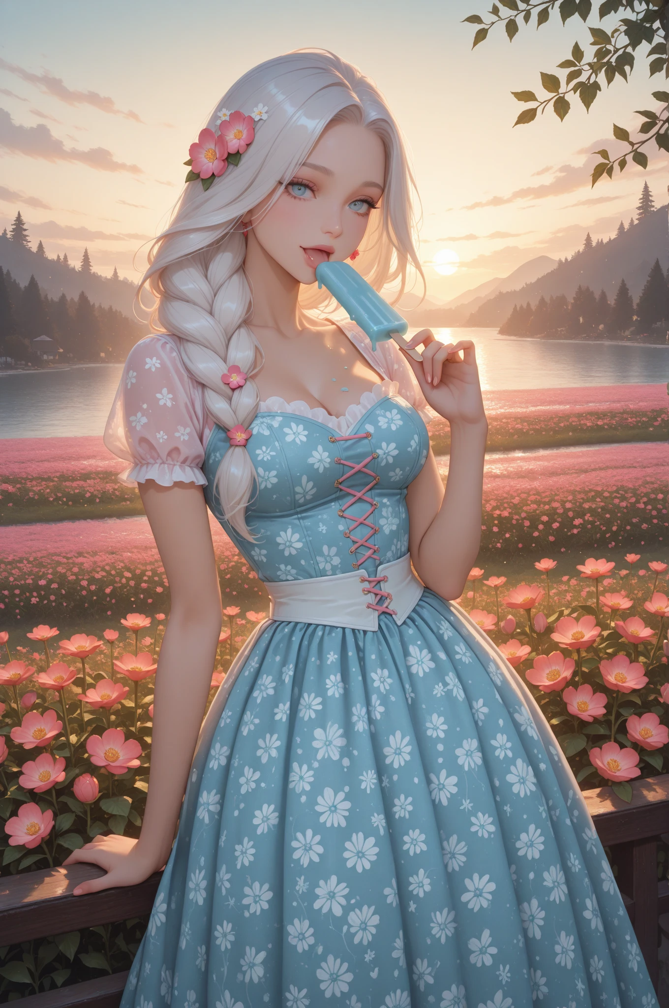 RAW photo,(joyful expression on 1girl's face, solo, long hair, amber eyes, white hair Raspberry Coulis, braids, short dress, white panties, blue bow on hair, pose from back, playing with hair, bare shoulders, gemstones, flower, earrings, blur, blue dress, lips, depth of field, bird, ring, feathers, corset, realistic, realism, hd, 35mm photography, 8k), masterpiece, award winning photography, natural light, perfect composition, high detail, hyper realistic