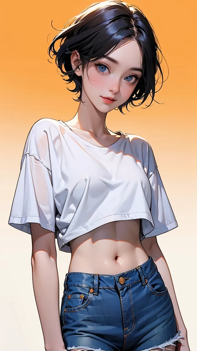 1 girl, short black hair , blue eyes, beautiful, light skin color , wide shoulders, thin waist, medium breasts, defined thighs, thin, defined lean , showing abs ,wide hips, medium ass, one piece style, black shorts, white shirt, one piece