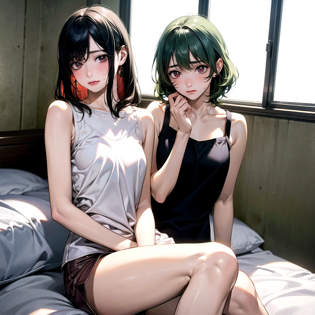 Make a 24 year old waifu loli student beautiful slender with surprised face in a detailed room and she is like waiting for the next class short green hair and hazel eyes sexy and pretty 