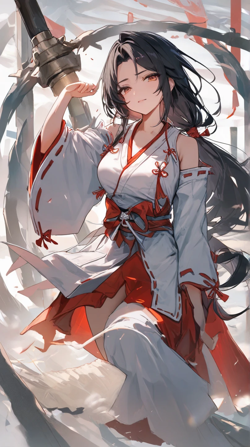 Long Black Hair　Bangs　Dark Eyes　A calm-looking woman in her thirties wearing a traditional red and white shrine maiden outfit　Standing with both feet apart and arms stretched out in front of you, facing forward　breast enhancement　unrealistic　Dark green light at your feet　There are multiple green spirits flying around.　Fighting in an abandoned hospital at night　Dirty walls　darkness　surgical tools　Struggled　impatience　Half crying　fear　regret　Just before defeat