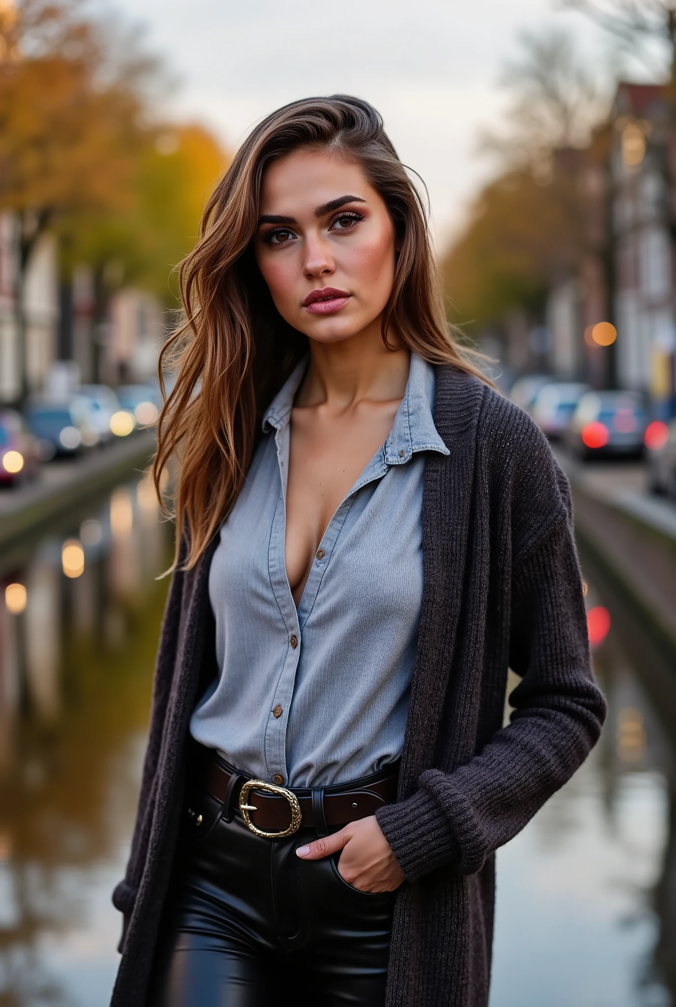 Foreground: a gorgeous European woman, age 18, wet wavy hair in the wind. she's a men magazine model, She has a subtle smile and flirts with the camera, (she wears casual shirt with a long wool sweater and latex pants with big belt:1.2),background walking in Amsterdam, (Amsterdam canals at sunset lighting:1.3), red light district Amsterdam, perfect eyes, perfect hands, perfect body, perfect hair, perfect breast, hair behind ear, UHD, retina, masterpiece, accurate, anatomically correct, textured skin, super detail, high details, high quality, award winning, best quality, highres, 16k, 8k,
