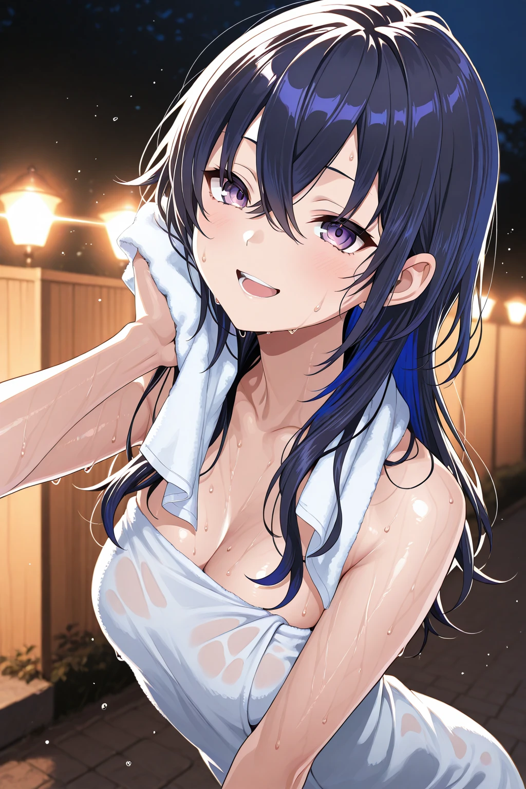 masterpiece, super fine illustration, best quality, light particles, ultra-detailed, 8K wallpaper, (bright colors:1.2),,(cowboy shot,from front),1girl,idolmaster, ((sizuka mogami)), (16yo, beautiful girl), (beautiful eyes),(beautiful hair), (midium ponytail hair),(pink ribbon),(wet hair), (shiny hair),(wet skin), (dark skin),(shiny skin),(((blue and white woman tennis uniform))),(wet clothes),(the waist),(flat chests,midium breasts), ((open clothes)),(((pubic hair:1.3)),(bsp, pussy juice dripping,pussy, pussy slip,no makeup, sweaty body),(spread legs),(open pussy:1.3),((steam)),(scatter sweat),(embarrassed,smile), ((open mouths)),(((one eye closed))),(((tongue out))),deep breathing, feel good,indecency,(squatting),(Nice touch),((Kamimei),(ecstasy),(((sex,Cowgirl,pov))),(cum shot:1.3),arched back, (a man), (intense Sex:1.7), (cowgirl style sex:1.4), (vaginal penis:1.2), hetero, (man hold girl's waist:1.4), (cum out:1.2),pov,tennis cort,