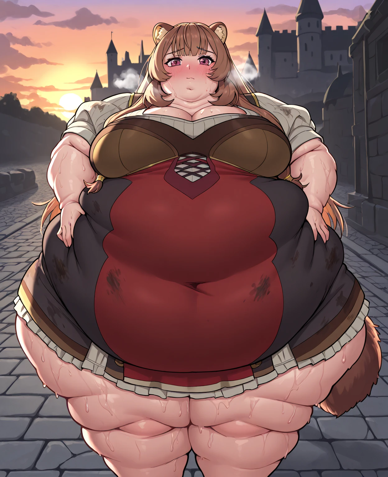 1girl, top heavy figure, (((incredibly big chest))), ((saggy chest)), plump, incredibly plump, ((big belly)), (((big tits))), pout, embarassed, wide, (((obese))), (((fat))), ((love handles)), double chin, out of shape, obese, fatty, shortstack, short woman, big bossom, ((milf)), small height, mature, standing, full body, bbw, ssbbw, nanashi mumei, brown hair, wide ponytail, miniskirt, knee highs, frilled skirt, feather hair ornament, gloves, brown eyes, brown corset, brown cloak  brown bow, boots, ahoge