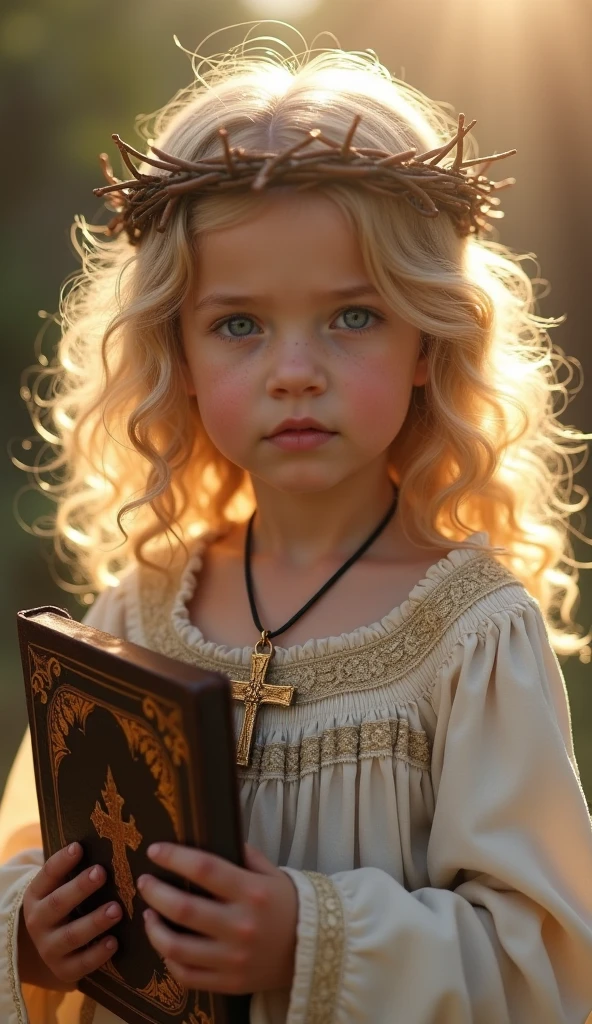 imagem de uma Russian blonde child girl , sentados em um trono, With a cross in his hand, CROSSES IN tHE WALL.