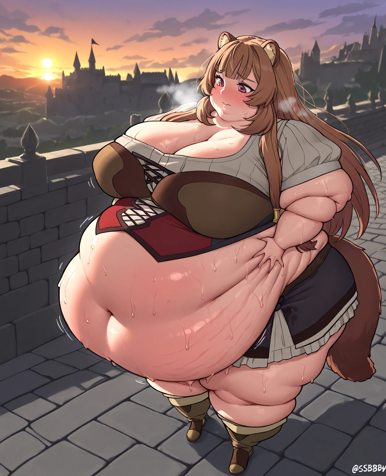 {full body},{wariza},sitting,upskirt,from below,looking down, dynamic cut,dynamic angle,foot focus,naughty smile,very muscular,very muscle,very big breasts,very curvy,very big woman,two side up,blonde hair,barefoot,cute dress shirt frills ribbon split corset skirt,1 woman,best quality,masterpiece,white background,