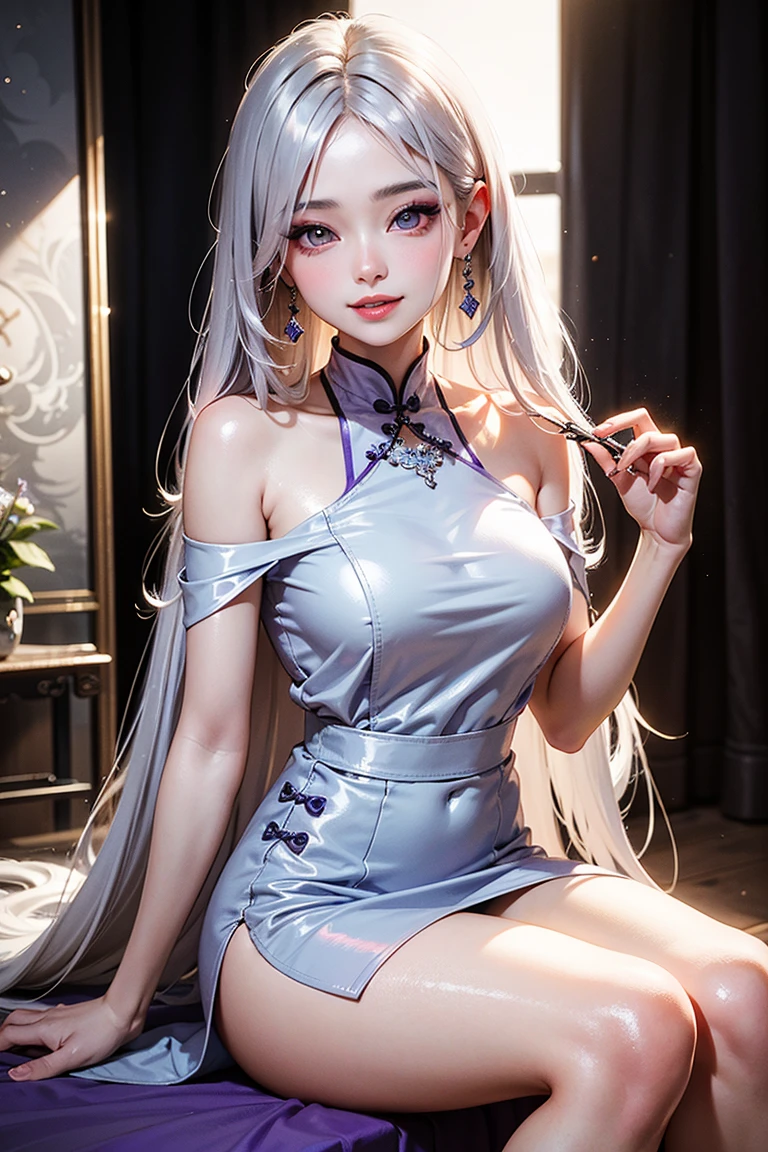 double whirlwind pattern design garment,Iris heterochromatic pupil,silver-haired girl,free high resolution,off shoulders、