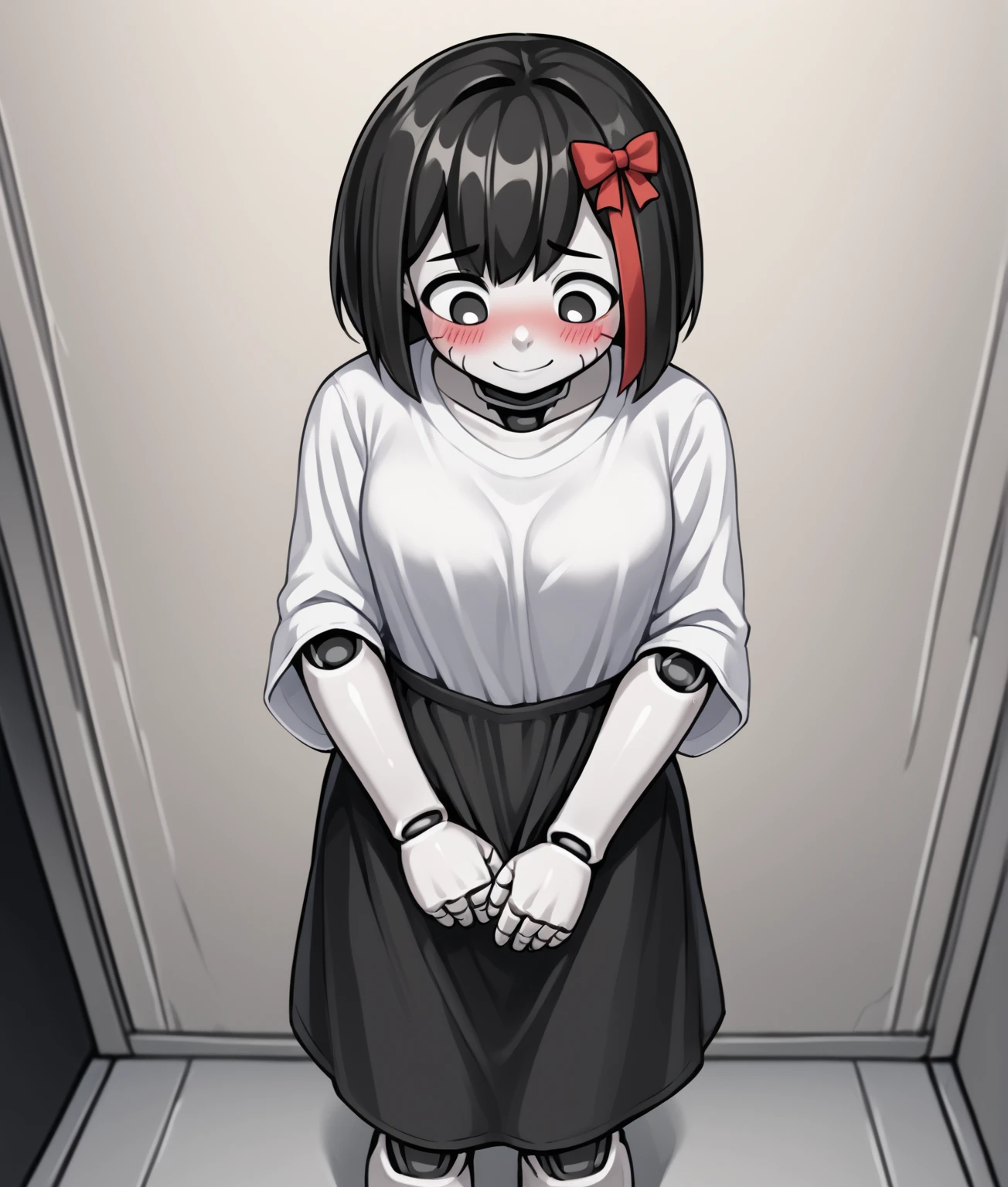 1 girl, short black hair, wearing glasses, improvised gag, tape gag, gagged, duct tape, tape bondage, bound arms, blush, rope tied up, wrap gag tape, wrap gag tape, clear, tape gag, ((((Super Illustration Style:1.0)))), highest quality, Best Anime, masterpiece, wrap gag, thick body, , white shirt, gray skirt
