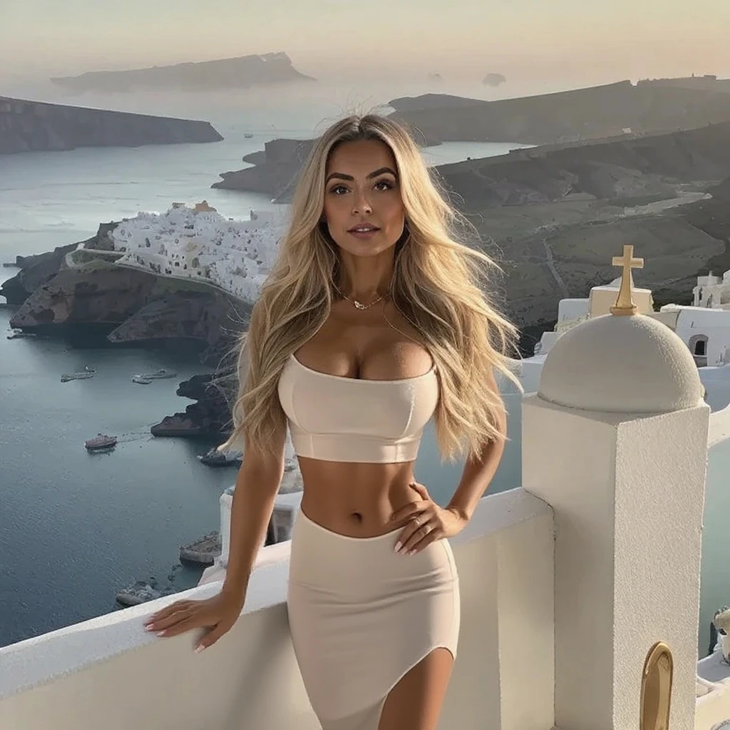 her name is Marie, 1girl, ((solo)), ((20-year-old curvy Caucasian woman)), ((20 years old)), ((fit)), ((medium-sized breasts)), ((pale skin tone)), ((medium length straight blonde hair)), wearing A velvet corset top paired with wide-leg utility pants, smiling, pose: standing, background: Highlight the unique allure of the Santorini island in Greece, where white-washed buildings with blue domes overlook the azure Aegean Sea, and visitors enjoy stunning sunsets from cliffside viewpoints.
