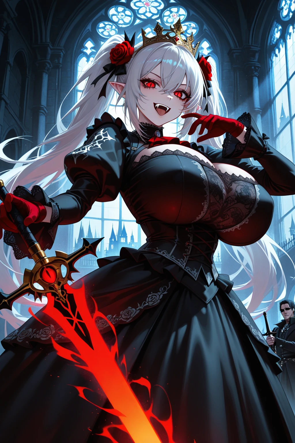 lulusuzuhara, lulu suzuhara, (cowboy shot:1.4), blue eyes, brown hair, hair ornament, hair over one eye, hair ribbon, ((huge breasts, curvy, gigantic breasts, gigantic sagging breasts)), ((crazy face, blood, blood splatter, blood on clothes, blood stain)),
BREAK edgBB, (holding Chainsword:1.8),
black gloves, belt, coat, torn clothes, capelet, gauntlets,arms at sides, vambraces, black capelet, tricorn, hunter (bloodborne),
woman wearing edgBB_outfit,
BREAK looking at viewer,
BREAK (masterpiece:1.2), best quality, high resolution, unity 8k wallpaper, (illustration:0.8), (beautiful detailed eyes:1.6), extremely detailed face, perfect lighting, extremely detailed CG, (perfect hands, perfect anatomy),