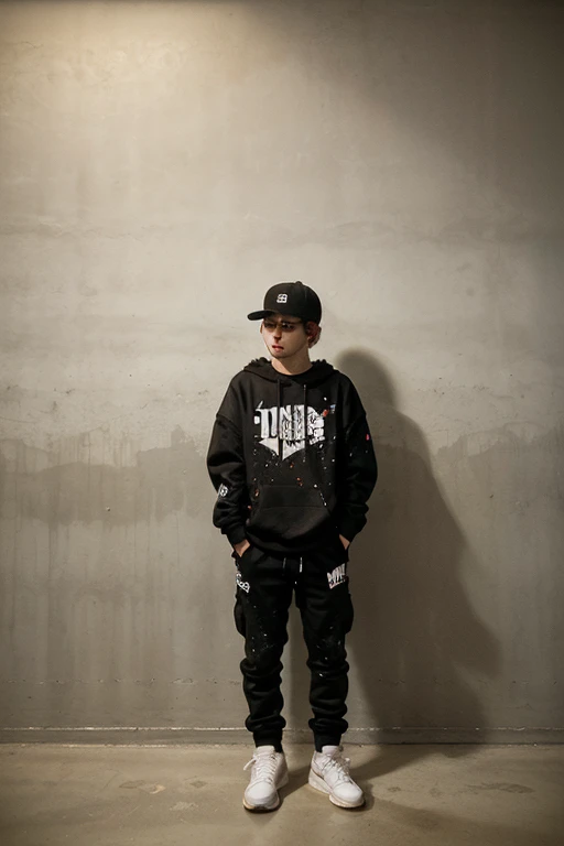 a white boy aged 1,70 tall, short fluffy dark brown hair, brown dark eyes, wearing glasses, wearing a black Slipknot hoodie, a black skirt, a black combat boots with chains.