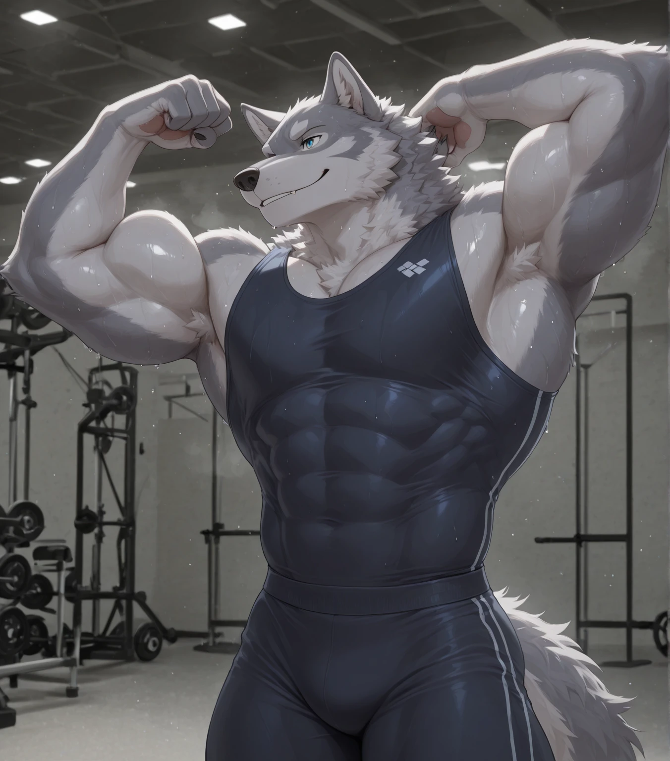  ((trending on E621, trending on Furaffinity digital media, trending on Artstation, trending on twitter , digital painting, digital media, digital paint, digital illustration, (masterpiece))) (((((((by_bigdad))))))), by takemoto arash, by_kuroma ,((((by_drks)))), by_ashendawger, by_kardie , BREAK ((((solo:1.3,Full body)))) ((((((anthro, anthrofield, (grey wolf)))))) |  break | handsomeface,((((((elderlyface)))))), age_up_face , (((wildface)))))))), ((((((((charming))))))))  BREAK ((((((hyper_muscles:1.3)))))), (((detailed eyes,blue eyes))) | (((gray fur | finger claw | )))) | (((((((( gray hair | black eyebrow | short hair | black goatee hair | spiky_black_Ear_piercing))))))))) | BREAK (((((thick eyebrows))))) | BREAK (best quality | 8k | hi-res)) BREAK (((perfect face))) |  BREAK 2:3 ((high-angle view or ((dynamic angle)) or low-angle view or front view or quarter view)), ((dutch angle)), ((thongs)))) ,(((workout, Exercise))), (((gym_background, fitness_background)))