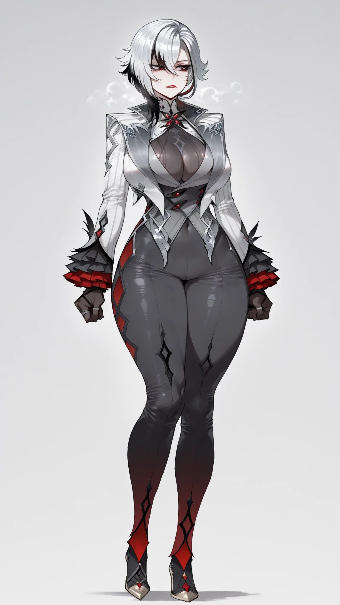 Two-metre nine-meter tall girl, bangs, bare shoulders, black pants, huge breasts, breasts squeezed together, gray background, hair between eyes, two-meter long hair hanging on the ground, huge hips, exaggerated body proportions, large thick legs, view viewer, pants, parted lips, red eyes, shirt, simple background, sleeveless, sleeveless shirt, solo, turtleneck sweater, V-arms, gray hair, (shiny skin), (Masterpiece: 1.4), (Best Quality: 1.4) ,,, Facigirl, Red Lips, Perfect Abs, Navel, Abs (: 1.5), (Clear Areola), Huge, Sweaty, Wearing Black Block Heeled Heels, Full Body Shot --auto --s2