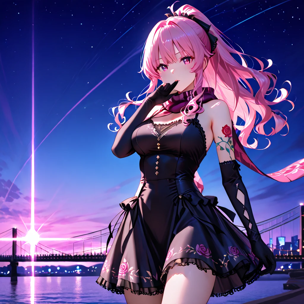 (masterpiece:1.5), ultra quality, 8K, high resolution, super fine illustration, depth of field,
perfect anatomy, 
(1girl), solo, (from above), (delicate beauty girl), (16years_old girl), parted lips, (gradation colored hair silver:1.4 pale blue:0.6), (extreme long hair), floating hair, hair blowing wind,
((heterochromia, red eye, blue eye)), fine detailed eyes, (small bast),   
(slender), (small Face),(hair blowing in the wind), (pale pink lip), (fuller lips), (glossy lips),
(black bodysuits:1.6), (sheer material_bodysuits:1.3), (tight skin bodysuits:1.6), (lace trimmed), (covered-cleavage:1.3), (covered-navel:1.3), (sheer fashion), 
(hair ornament), 
(black cape with red_lining:1.6), (cape fluttering in the wind), (night), night cityscape, overlooking the city, standing tip of the tower, 