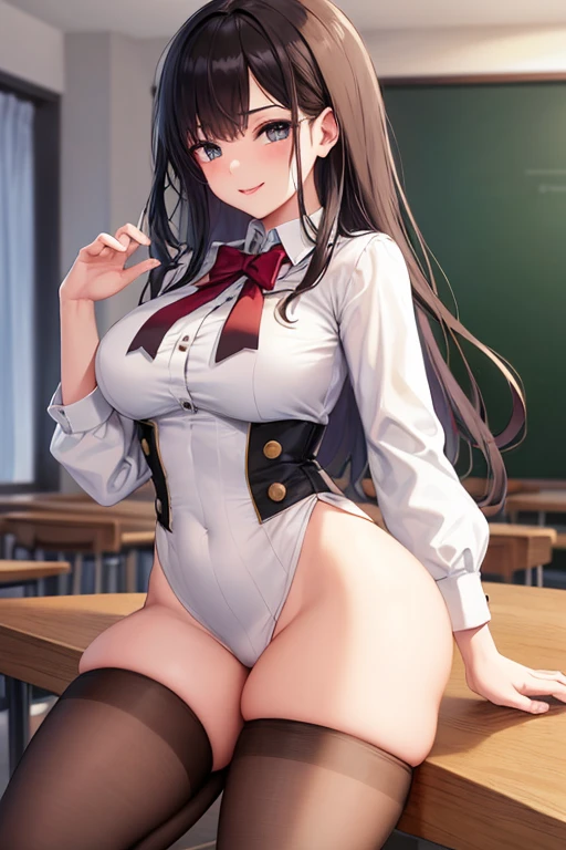 ((masterpiece,best quality)), highres, extremely detailed 8K wallpaper, depth_of_field, best shadow, (Colorful),(Delicate eyes and face), nice hand, Perfect hands, volumatic light, Ray tracing, BREAK
(1girl in), hair: {Black hair, (Messy hair:1.2), Blunt bangs, long Hair, (Big hair:1.2)} Purple eyes, Sharp eyes, Big breasts, slender, skinny, Happy, blush, BREAK,
(wear white school uniform top over black playboy_bunny leotard:1.3), (sailor collar:1.5), (red tie:1.3), (white fake animal ears), (Parted clothes at the top and bottom:1.2), (short sleeves:1.1), (black BunnyGirl Costume:0.8), (fishnet stockings:1.2), High heels, (rabbit_tail:1.2), BREAK,
Cowboy Shots, Looking at Viewer, stomach focus, inside the bar, Ultra detailed backgrounds,