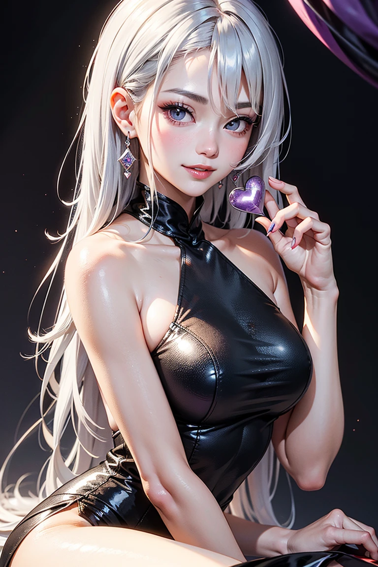1girl,heart-shaped pupils,fingernails,hands on own face,white hair,purple eyes,(blush:1.1),choker,upper body,trembling,sweat,sweatdrop,heart,(speed lines:1.1),medium breasts, ((heavy breathing:1.3)), love, heart, crop top, happy, smile
