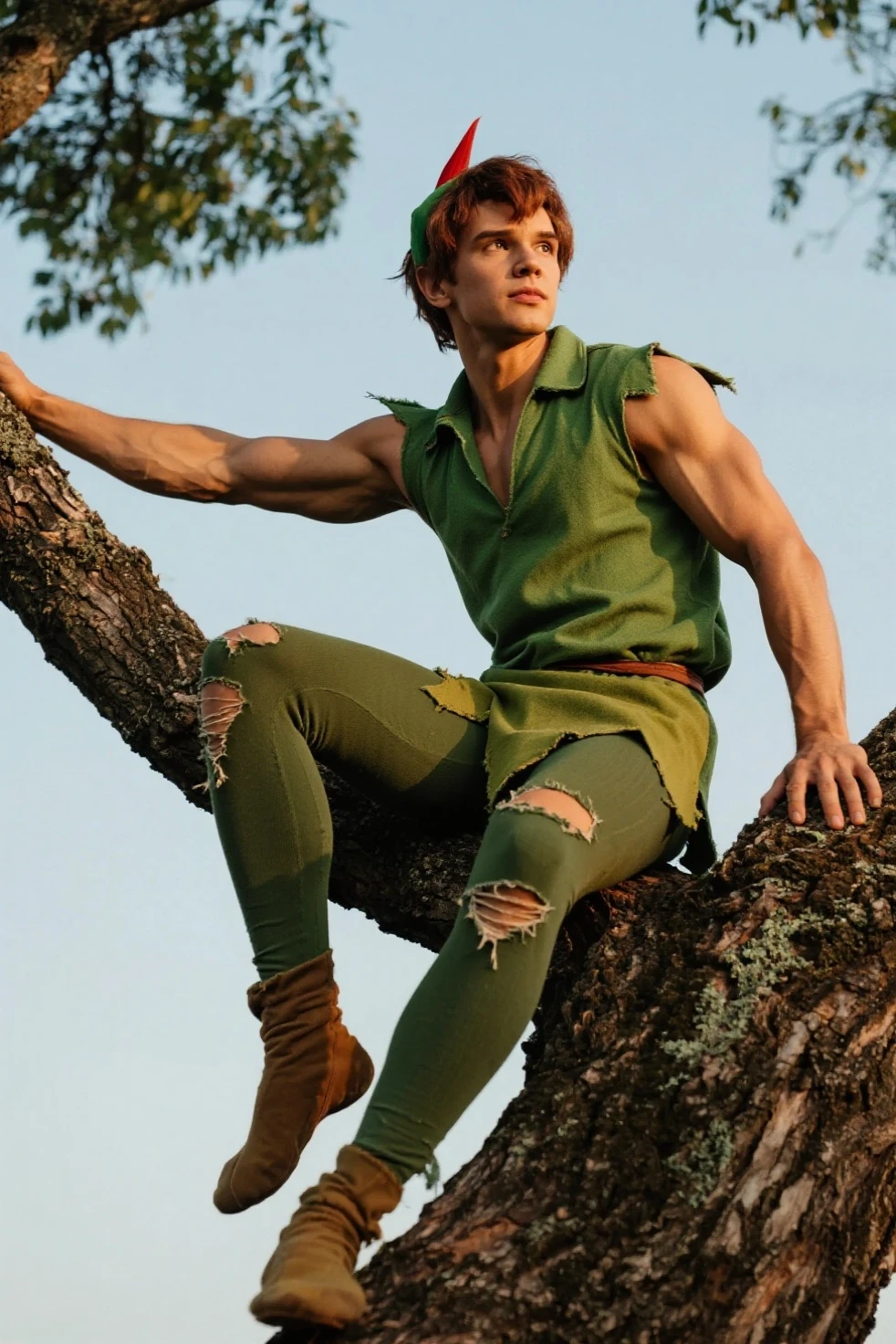 Short strawberry blonde hair, freckles, green eyes, thin, muscular, young man, elf, medieval pants,