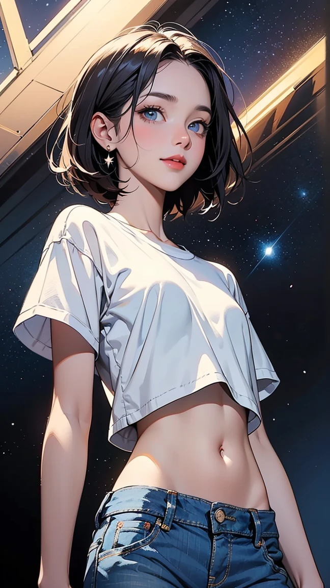 cat ears on the head of a beautiful young woman wearing short hair, usando meias preta longas e sueter branco apertado,corpo inteiro na foto,floresta a noite varias luzes,belas coxas, coxas lindas belhos olhos verdes detalhados., sueter branco apertado,maio apertado , tight pantyhose, mini saia , ceu limpo a noite com estrelas numafloresta a noite,short curto linda jovem, olhos sedutores feminino.