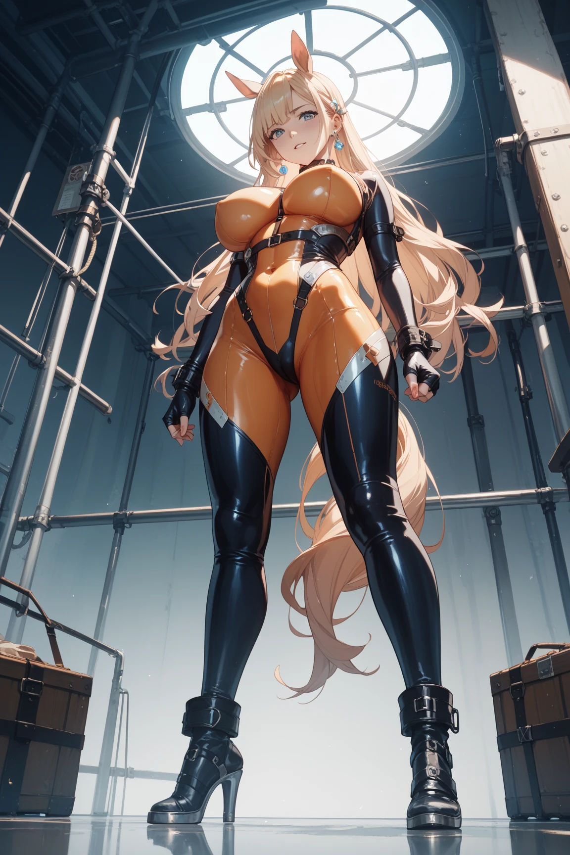 top-quality、1a person、in 8K、lineup,ultra-definition,Very dense, ((master piece:1.5)), ((High resolution)), ((Best Quality)), detail、Slender beautiful girl、 (NSFW,cum faced、Excited face、shocked face、Laugh、Open mouth、Full body、restrained、crucified to cross:1.5), (black see-through leotard:1.5、Black stockings:1.5、(no shoes)),(Shackles:1.5、torture)、 girl with,, (a blond, a short bob、Red ribbon on one side)、fair white skin、((small tits、small tits))cinmatic lighting, perfectly shaded,(((laboratory))), Realistic lighting with shades,