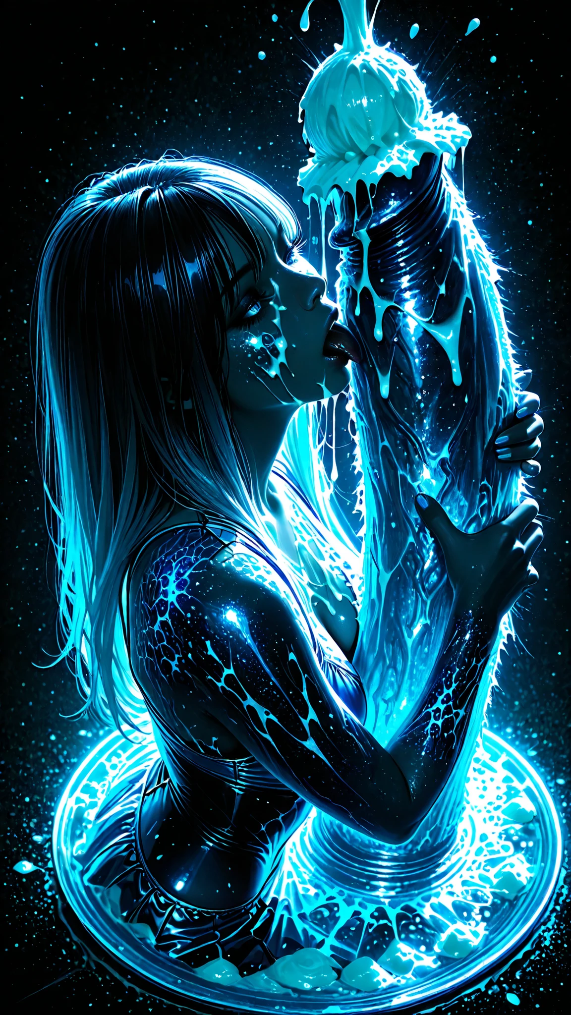 a beautiful girl in a garden, 1girl, detailed eyes, detailed lips, long eyelashes, realistic, photorealistic, photo-realistic:1.37, best quality, 8k, highres, masterpiece:1.2, ultra-detailed, vivid colors, studio lighting, concept art, cinematic lighting, blue hour, soft light, close licking unreal strong glowing monster dildos, intricate texture skin dildos, gigantic puffy dildos, transparent dildos, (intricate grotesque bold gigantic dildos:1.3), mad half eyes, double fang, colorful, melting long bold ice cream , from side, in intricate 縺れた shaped glass cube, lot of erection, mucus on face, multiple bold penis, dynamic above, (((from above))), (((mucus))), splash background, 溢れ出る ((((cum)))), orgasm, (motion line:1.2), erotic sound effects, holding gigantic penis, grabbing gigantic penis,