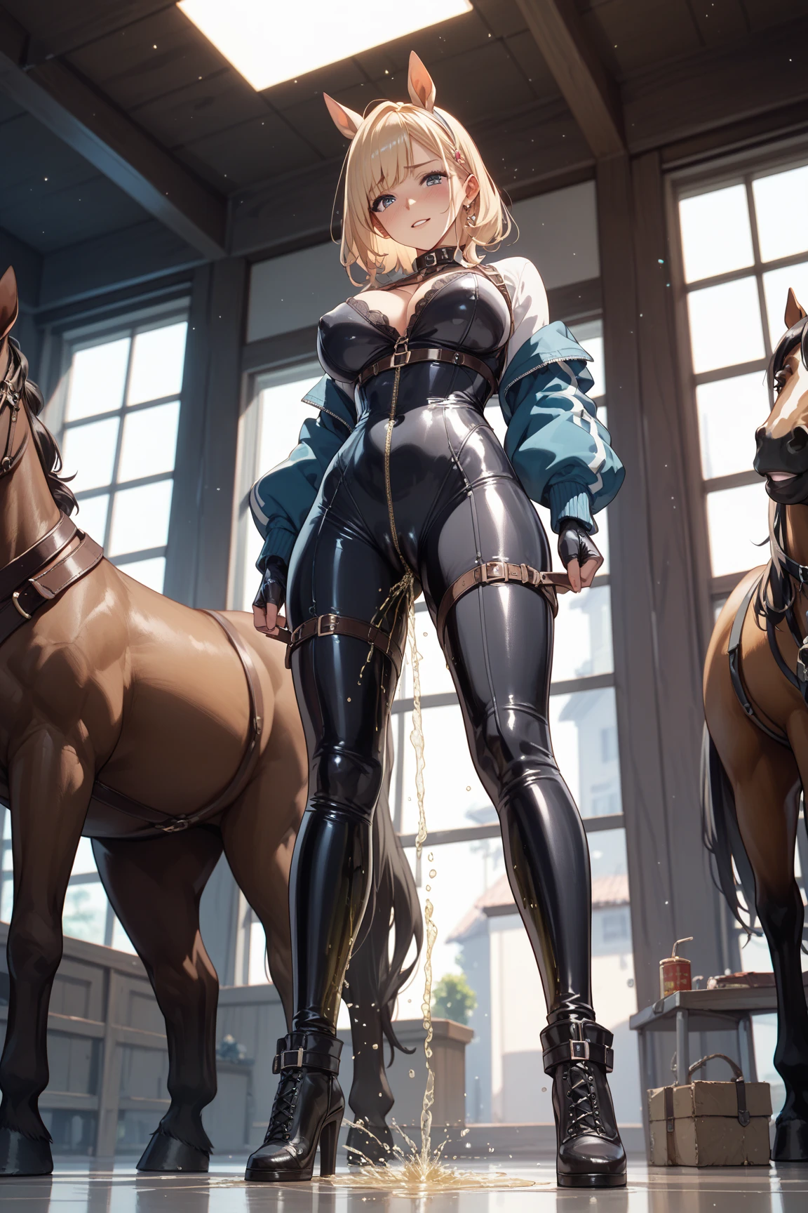 A female centaur,She is famous in the multiverse,She is both a female centaur, half human, half horse, half horse,It is also a female Yingzhao。She blends both images,The first is the head of a horse/neck/Shoulder these parts,After feminization,The upper body transforms into a beautiful female human,Female, half-centaur, half-human, half-horse, half-human,The second is the waist of the horse/hason/gluteal/Legs feminine,Female half-horse with beautiful woman's,Chimer,It's like a female human wearing a half-horse-like costume and making a seamless chimera,This chimerization is based on powerful futuristic technology。The ultra-wide-angle lens captures the image of her sleek and ethereal wings charging and leaping on the ionosphere。Her front half is distinctly feminine,Tall sexy body,Has K cup teardrop-shaped giant tit chest,It has a small man's waist butterfly spanning long legs,The half-horse part of the hind body,Embedded interface in the front half of the body hip position。The back half of her body is horse-shaped,Half-horse torso,The morphology is completely female and humanized,Start at the upper end of the sternum,Embedded in the lower back position of the beauty body,Sexy bent dog style shaped chest/lower back/Ventral transverse,Then there are the sexy beauty's upright hips,Her entire body has been completely feminized,Including the half-horse part,Mechanized armor covers the knee-shaped anti-joints and feet,And these parts are highly anthropomorphic,This gives her legs a graceful and slender line,She has four slender legs like a supermodel,Under the legs are skinny white feet dressed in Skyscraper Heels,Use Midjourney's advanced stroke tools and color palettes, as well as texture packs, model packs, and texture tools,Concentration,Femaleize all parts of her original equine physiologic appearance,And give these parts an ergonomic appearance,Fine treatment of the thoracic and abdominal cavity of the posterior body,As well as hips and legs,Tightly connected details