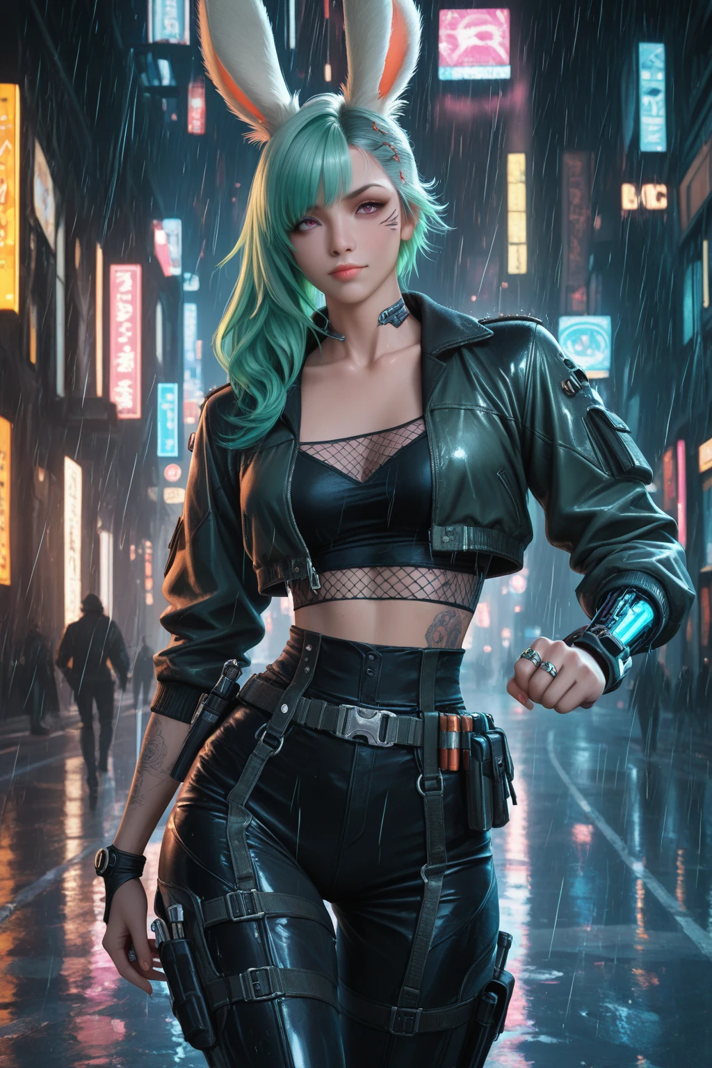 2090 image style, young woman, short hair, green hair with blue highlights, realistic style, cleavage, biomechanical style, sword in hand, smile on face, Cyberpunk girl, long straight hair, beautiful Latina, full body, hyper realistic, cinematic, HR Giger style, wonderful eyes