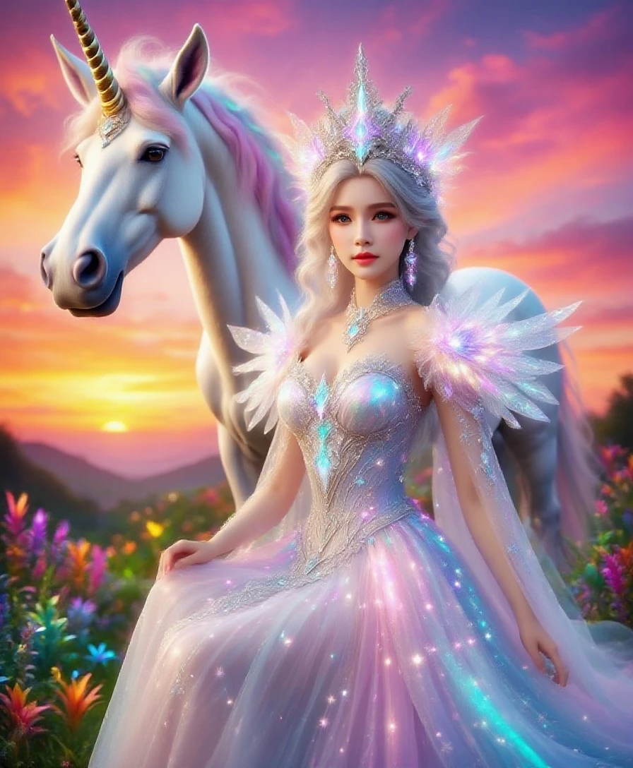 Create an enchanting image of an absurdly beautiful fairy sitting on a white unicorn with wings. The fairy must have an ethereal appearance, with translucent and shiny wings, a flowing dress in pastel tones, and long wavy hair. She must be holding a colorful ice cream in her hand, with a charming smile on your face. The unicorn must have a majestic look, with a flowing, shiny mane, and wings open in a graceful pose. The scene must have a fairytale background, with a magical forest and a sunset sky, full of vibrant colors and mystical details. Use a soft, bright color palette, and add light effects and magical particles to increase the enchantment. styled: digitl art, ultra-detailed, with cinematic lighting and fantasy touches. #cinematic #photo #3drender #Darkfantasy
