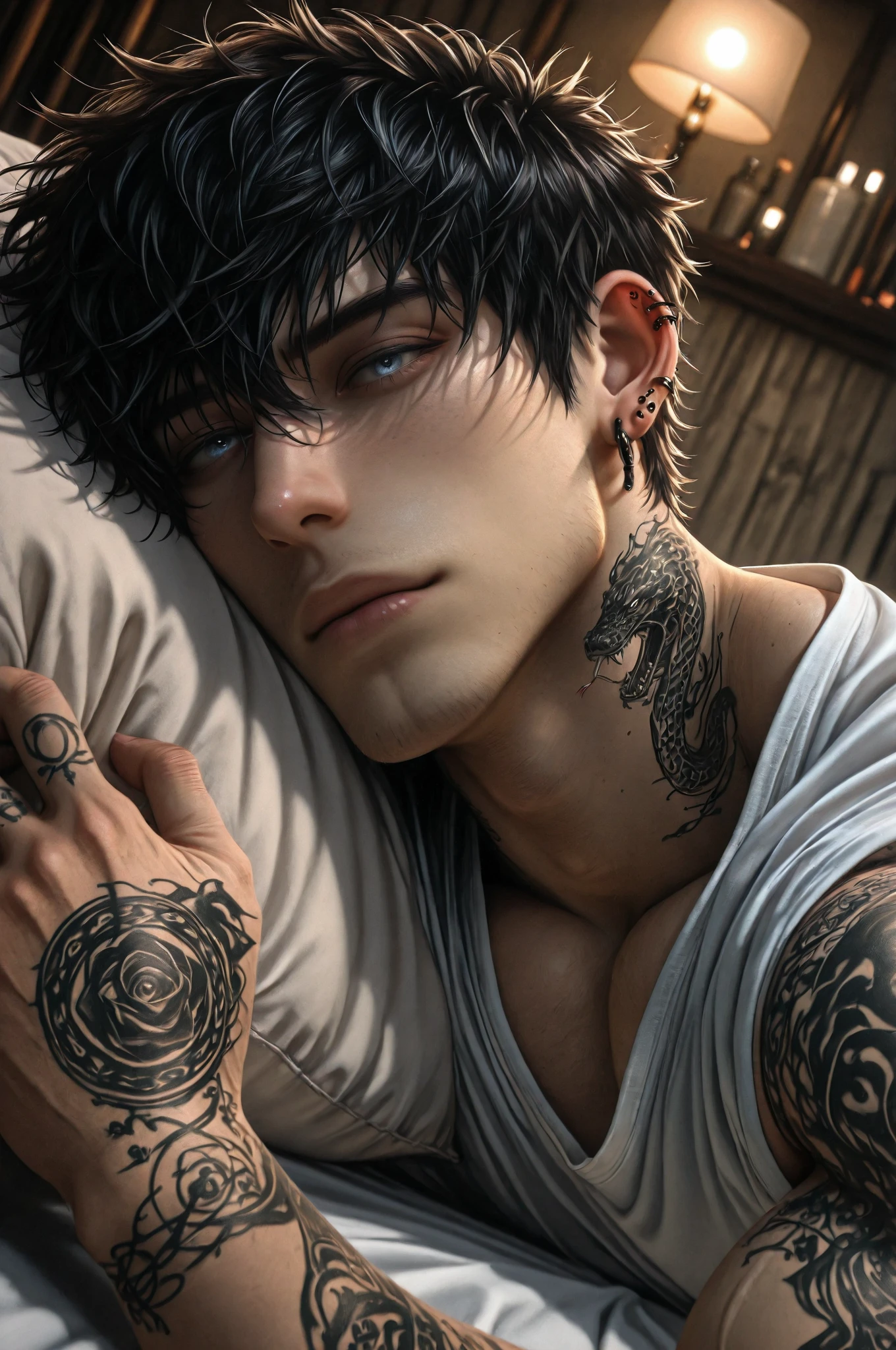 "official art", "Realistic Digital Painting with Concept Art Elements"," digital painting," "concept art," "realistic," , "detailed environment: , "high detail", "detailed face", "high-res", "ominous aura,", "8k resolution", "oil painting", "graded colors", "darker tone" , "little saturation" ,"professionally colored", "detailed features" , "detailed eyes", "full body", "apartment background" , "1man" , "scruffy raven color hair" , "wolf ears" , "wolf tail" , "sharp canines" , "attractive" , "muscular" , "shirtless" , "modern times" , "laying in bed" , "sexy" , "himbo" , "amputated right arm" , "holding a condom wrapper in hand" , "tattooed left arm" , "big man" , "large stature" , "imposing" , "laying on back" , "blue eyes" , "black hair",