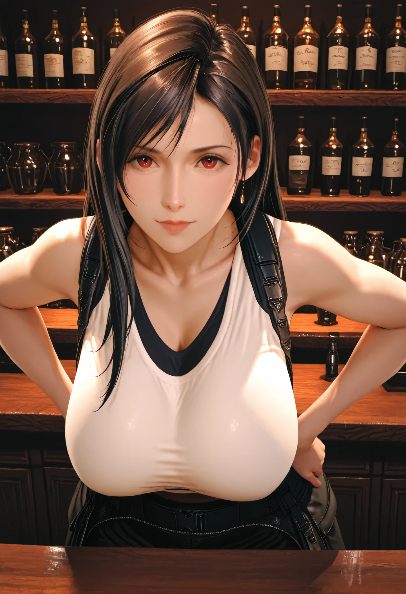 best quality, anatomisch korrekt, detailliertes Bild, high resolution, Tifa Lockhart, allein, Bar, Stands with legs apart at the counter, Looks at the viewer joyfully, geschlossener Mund, hands on hips, Her upper body is slightly tilted forward towards the observer, Vorderansicht, Big Breasts, (F70),