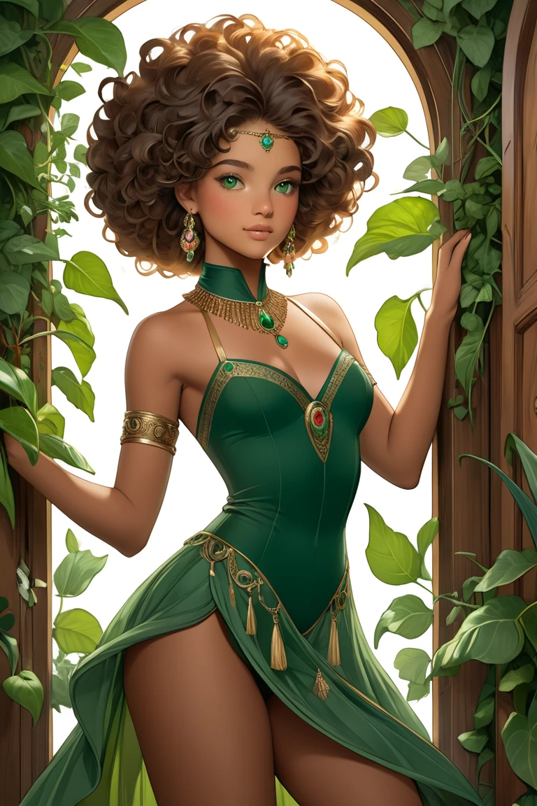 dark skinned African girl, a  portrait of a babe temptress , druid, leaf robe, perfect face, pretty face, brown eyes, afro curls, flat chest, lush detail, absurdres, clothes made of leaves, full body shot, 