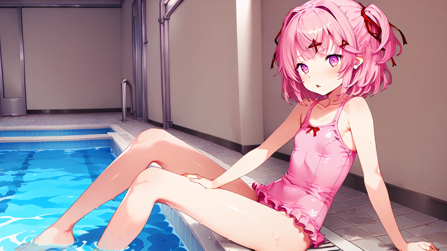 Random patterned swimsuit、,Swimsuit,Blushing、short hair、Pale red eyes、Light cream colored hair、Head to toe full body、Blushing、Embarrassed look、Composition from the front、A view from slightly below、school swimwear、Acme Face、Random pose、, 、nsfw、Highest quality、1 girl、solo、Ocean、Sandy Beach、Sexy pose、Random pose、Blushing、wet、Embarrassed、I can see half of my 、、One piece swimsuit、(Strap slip:1.3)、